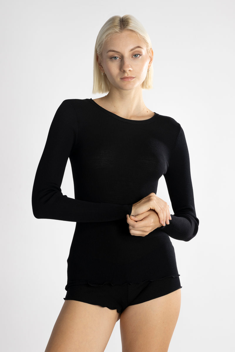 Oscalito Langarm Shirt Wolle Seide 3446R nero