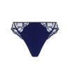 Navy blue thong with decorative sheer lace side panels.