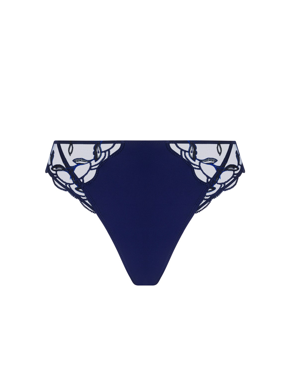 Navy blue thong with decorative sheer lace side panels.