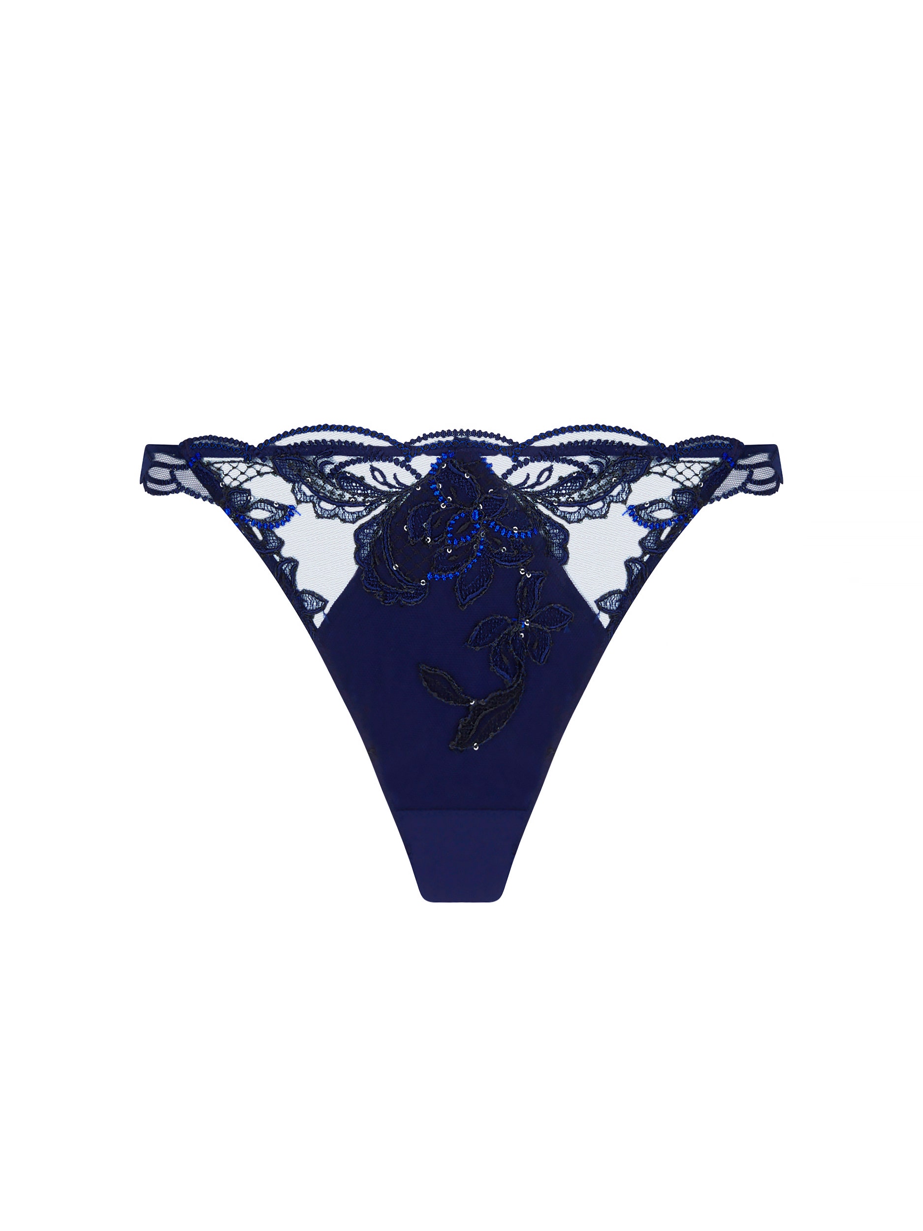 Navy blue lace thong with floral embroidery and sheer side panels, displayed front and center on a white background.