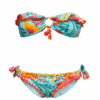 Turquoise floral bikini set with pink and yellow flowers; bandeau top with a center ring and red fringe, matching tie-side bottoms.