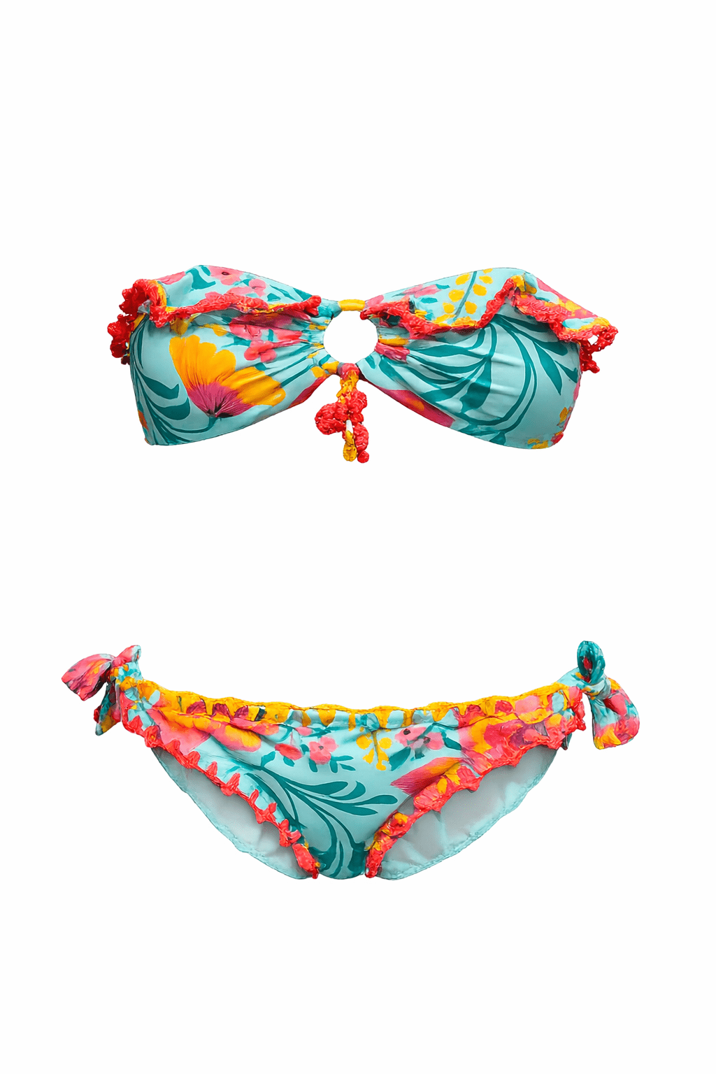 Turquoise floral bikini set with pink and yellow flowers; bandeau top with a center ring and red fringe, matching tie-side bottoms.