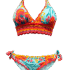 Bright tropical floral bikini set with a pink-orange lace trim, turquoise background on top and matching bottoms with side ties.