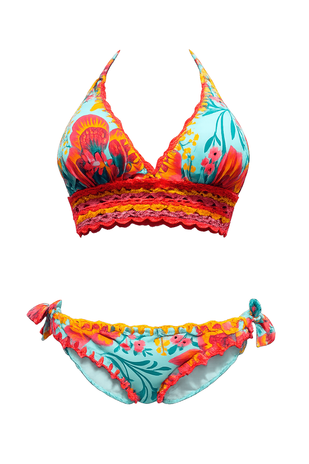 Bright tropical floral bikini set with a pink-orange lace trim, turquoise background on top and matching bottoms with side ties.