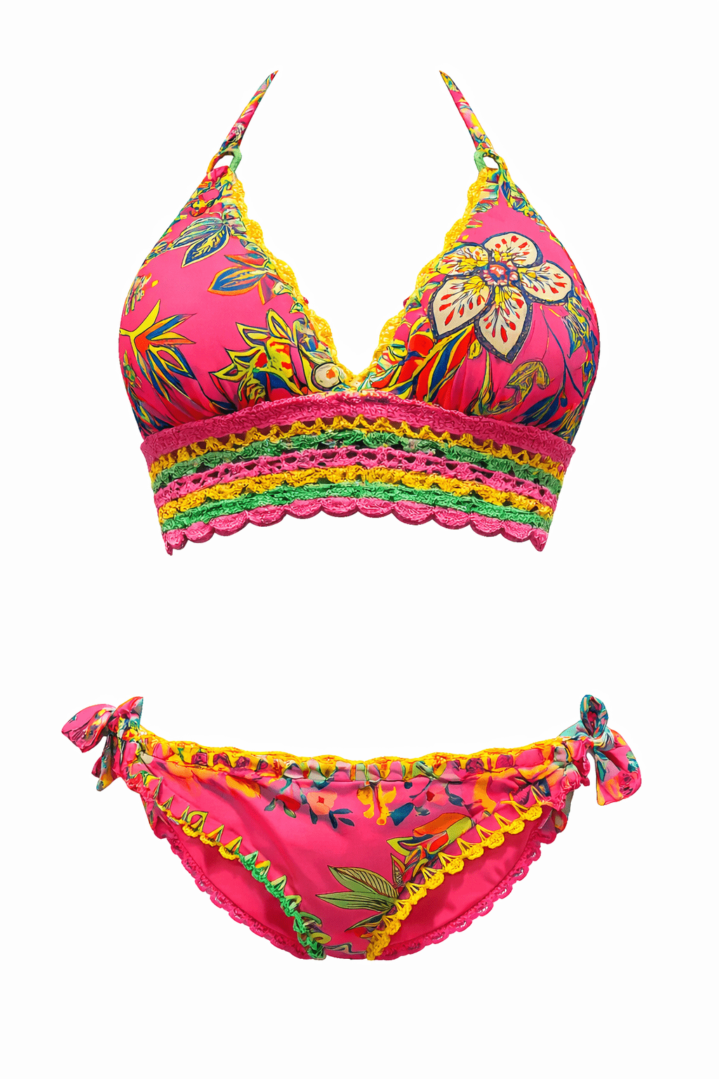 Bright pink bikini with tropical floral print, yellow lace trim, and ruffled edges; triangle top and side-tie bottoms.