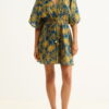 Teal romper with gold palm leaf print, V-neck, waist tie, and wide kimono sleeves.