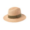 Beige straw hat with a wide brim and navy striped ribbon band