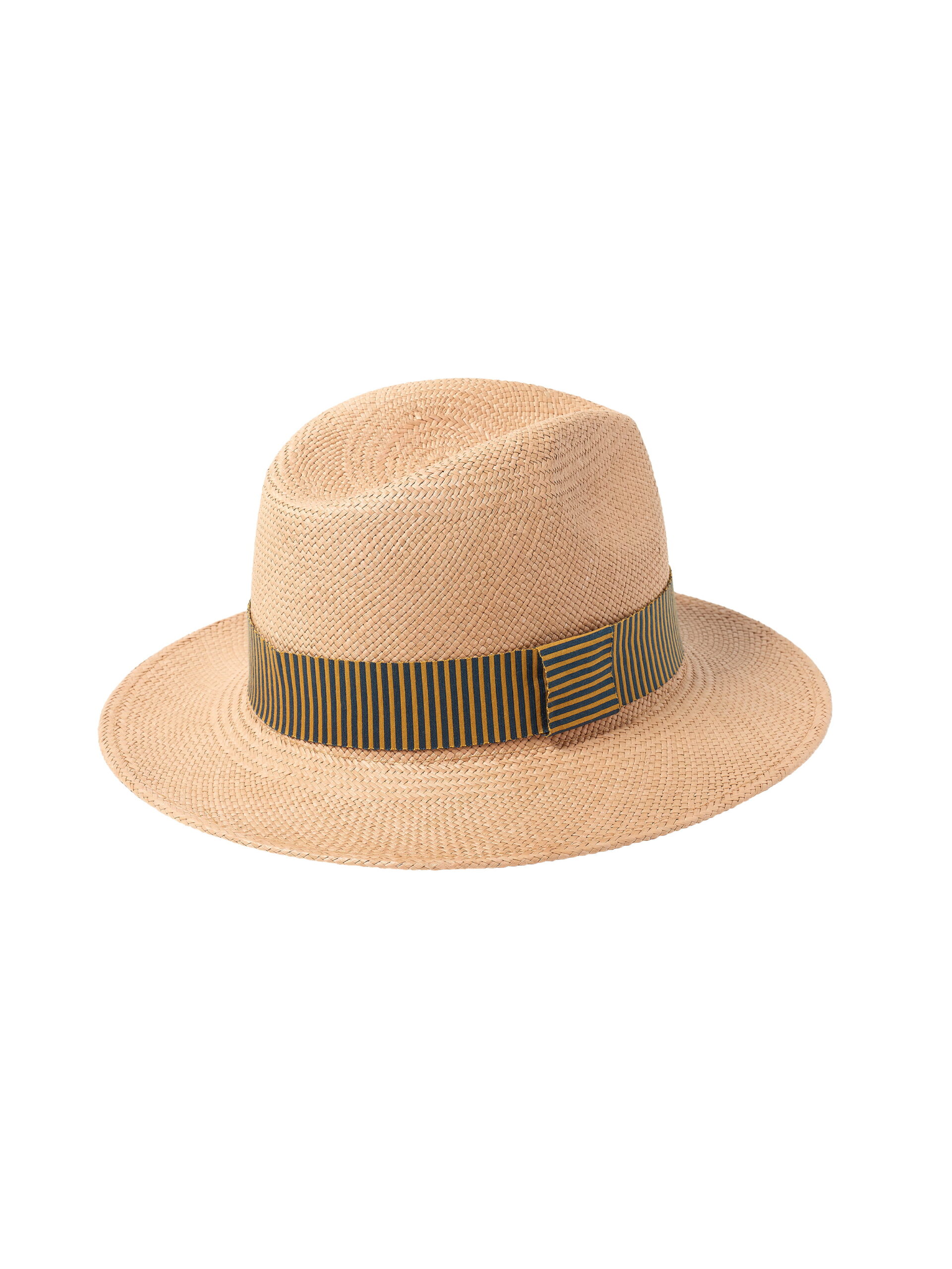 Beige straw hat with a wide brim and navy striped ribbon band