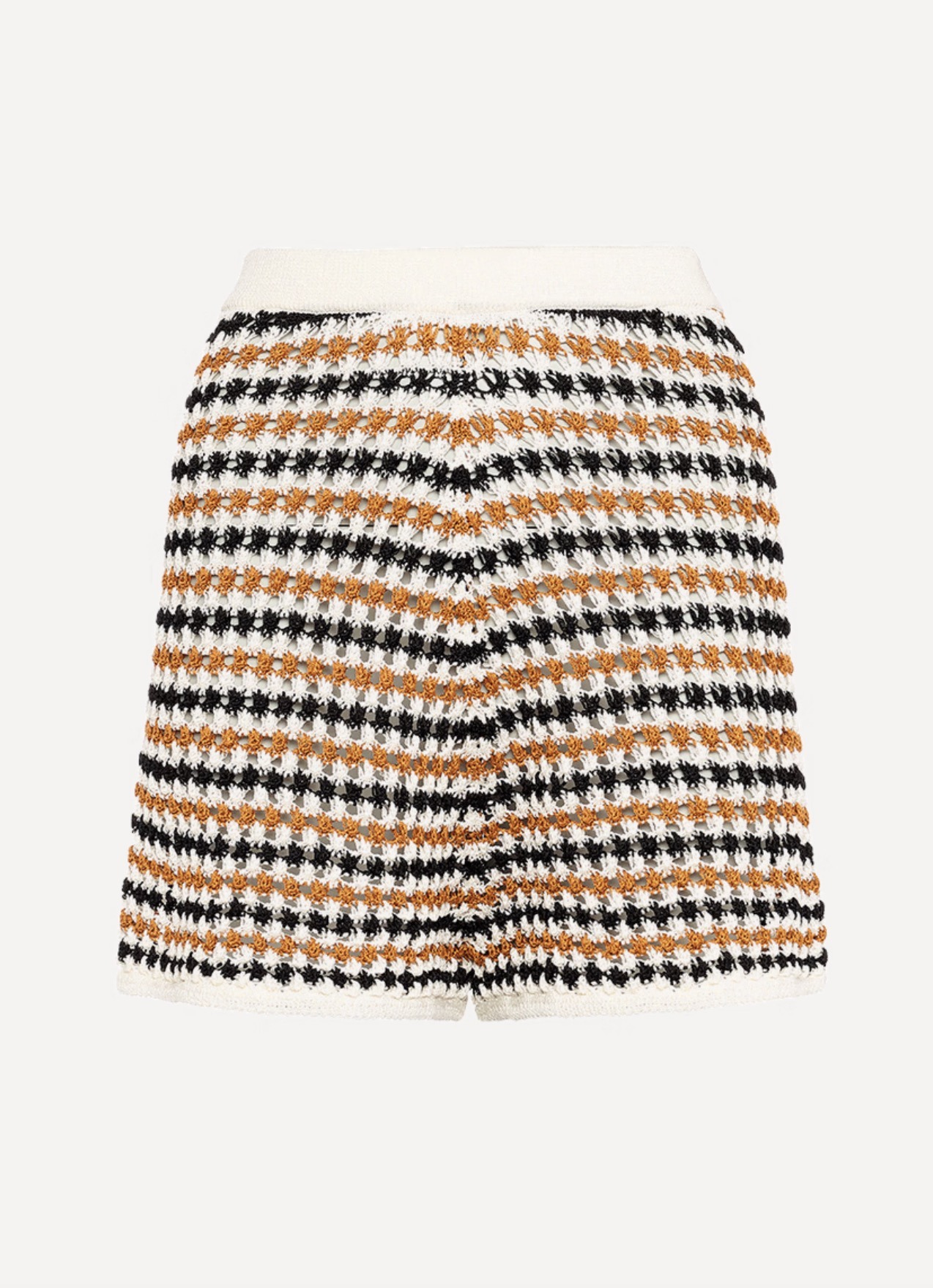 Knit skirt with orange, black, and white stripes and a cream waistband, shown from front.