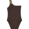 Brown one-shoulder swimsuit with a textured fabric and a gold spiral embellishment on the strap.