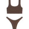 Brown textured bikini top with wide straps and matching high-cut bottom on white background.