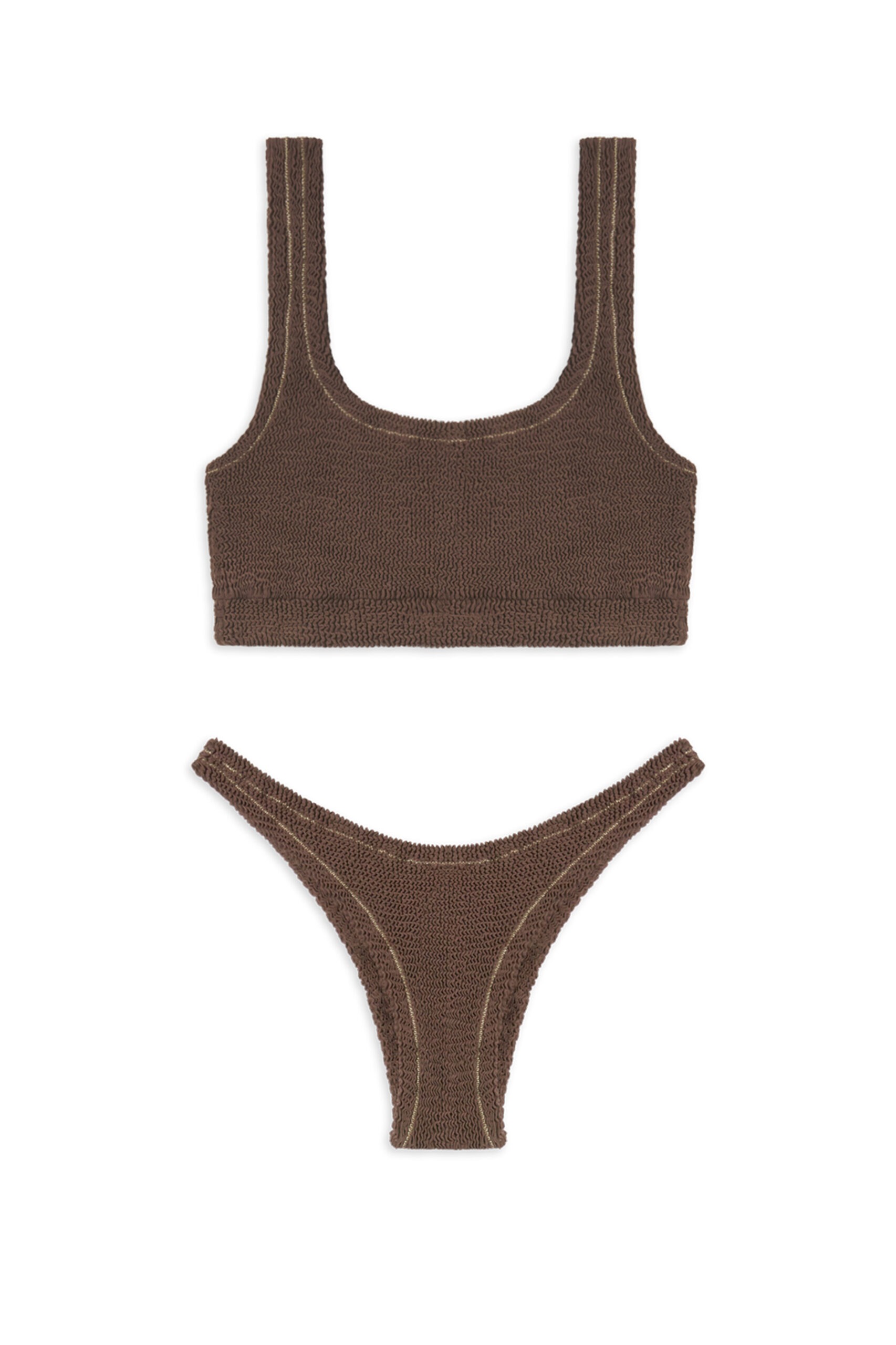 Brown textured bikini top with wide straps and matching high-cut bottom on white background.
