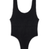 Black one-piece swimsuit with wide straps and high-cut legs, scoop neckline in front, solid color styling.