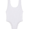 White textured one-piece swimsuit with high-cut legs and wide straps on a plain background