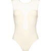 Ivory sleeveless bodysuit featuring a mesh upper back and curved panel shapes with a high-cut leg
