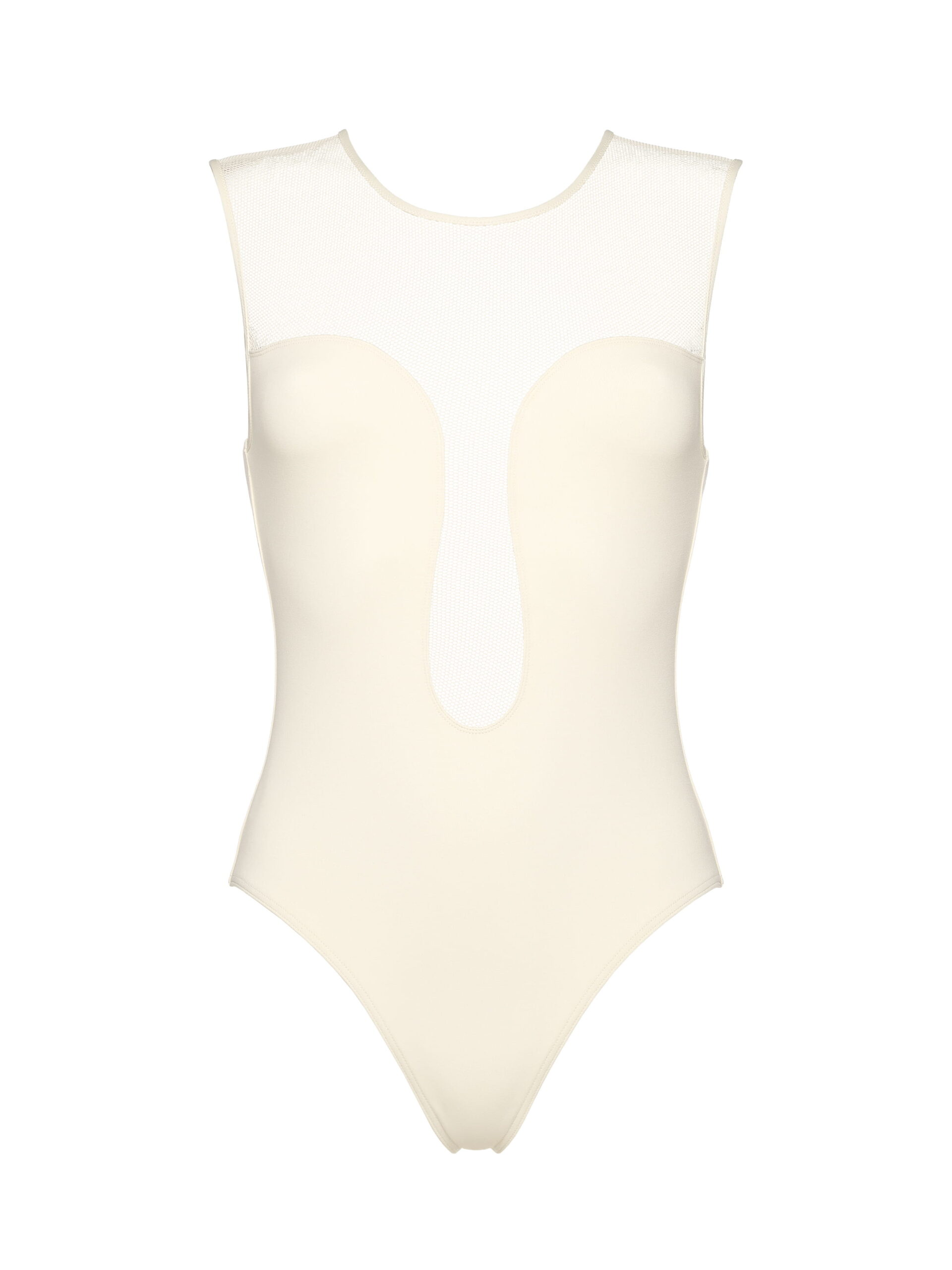 Ivory sleeveless bodysuit featuring a mesh upper back and curved panel shapes with a high-cut leg