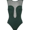 Dark green one-piece swimsuit with a sheer mesh panel across the chest and a central vertical mesh stripe.
