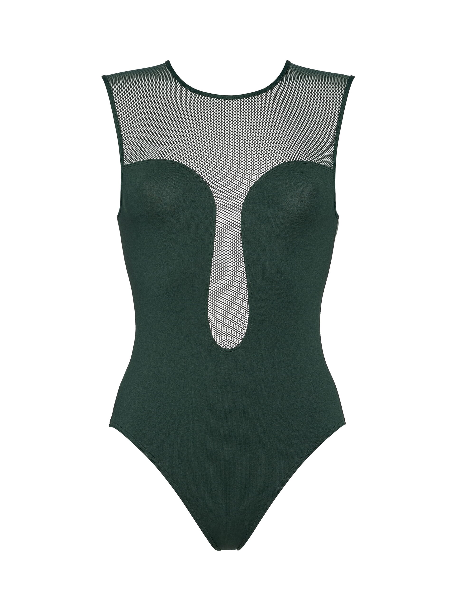 Dark green one-piece swimsuit with a sheer mesh panel across the chest and a central vertical mesh stripe.