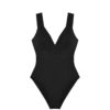 Black one-piece swimsuit with wide shoulder straps and a plunging V neckline for a sleek silhouette.