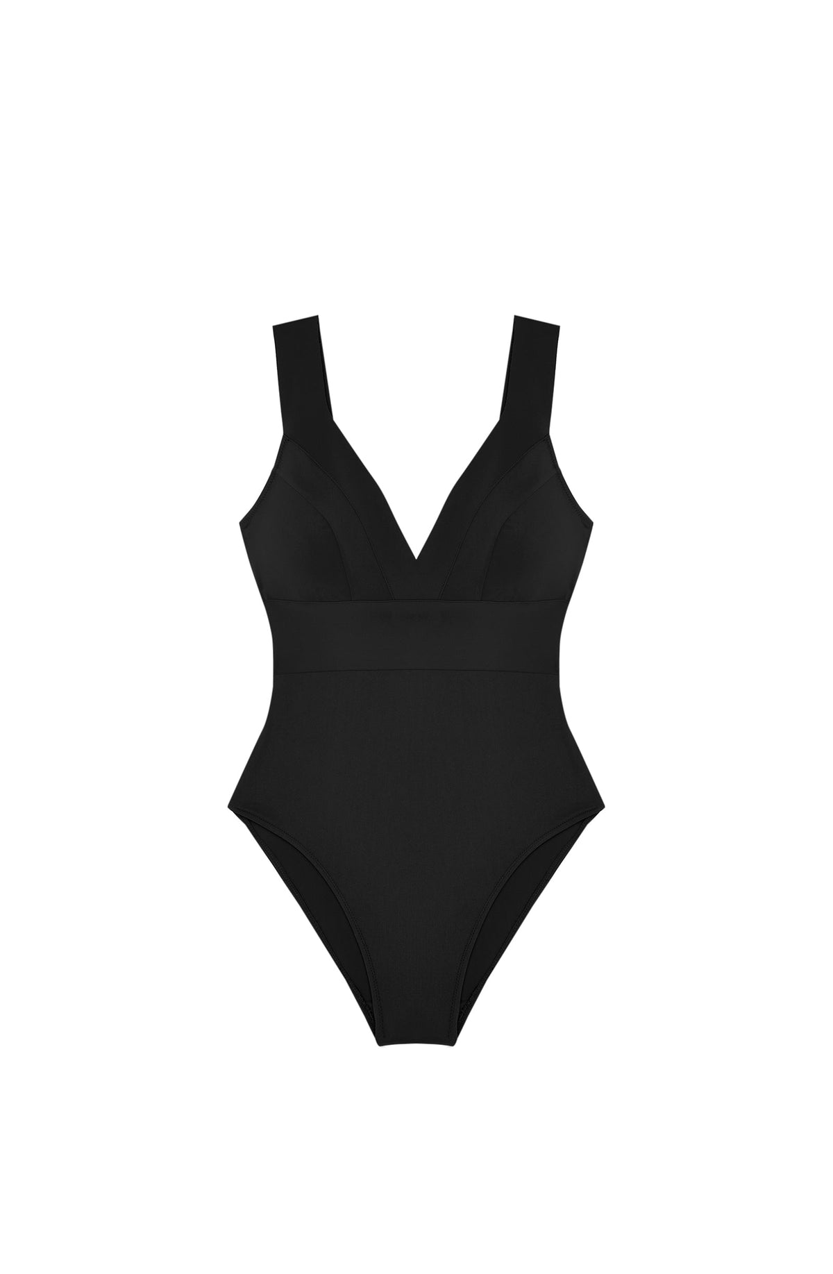 Black one-piece swimsuit with wide shoulder straps and a plunging V neckline for a sleek silhouette.
