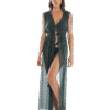 Woman wearing a dark green sheer maxi cover-up with a belt over a black bikini, standing and facing forward.