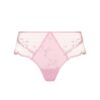 Pink lace panties with floral embroidery and scalloped edges; mid-rise hipster style.