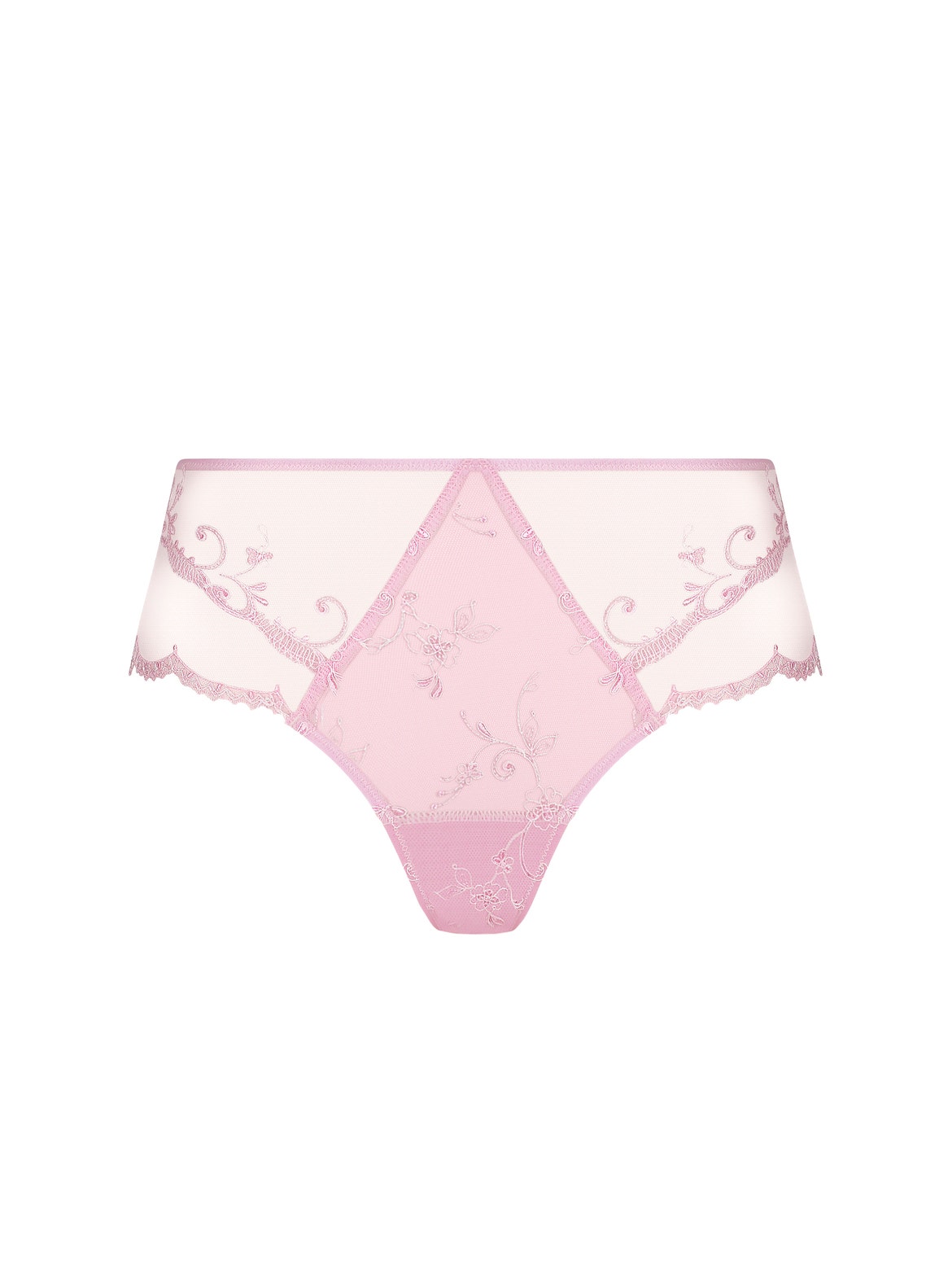 Pink lace panties with floral embroidery and scalloped edges; mid-rise hipster style.