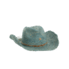Turquoise woven straw cowboy-style hat with a brown band and a small gold star pin