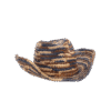 Straw hat with a striped brown, beige, and blue woven pattern and a curved brim.