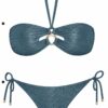 Blue textured halter bikini top with a gold ring centerpiece and matching string-tie bottoms. identifies as a two-piece swimsuit piece.