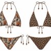 Two-piece bikini set with leopard and floral prints, featuring string ties at neck and hips and beaded accents on the strings.