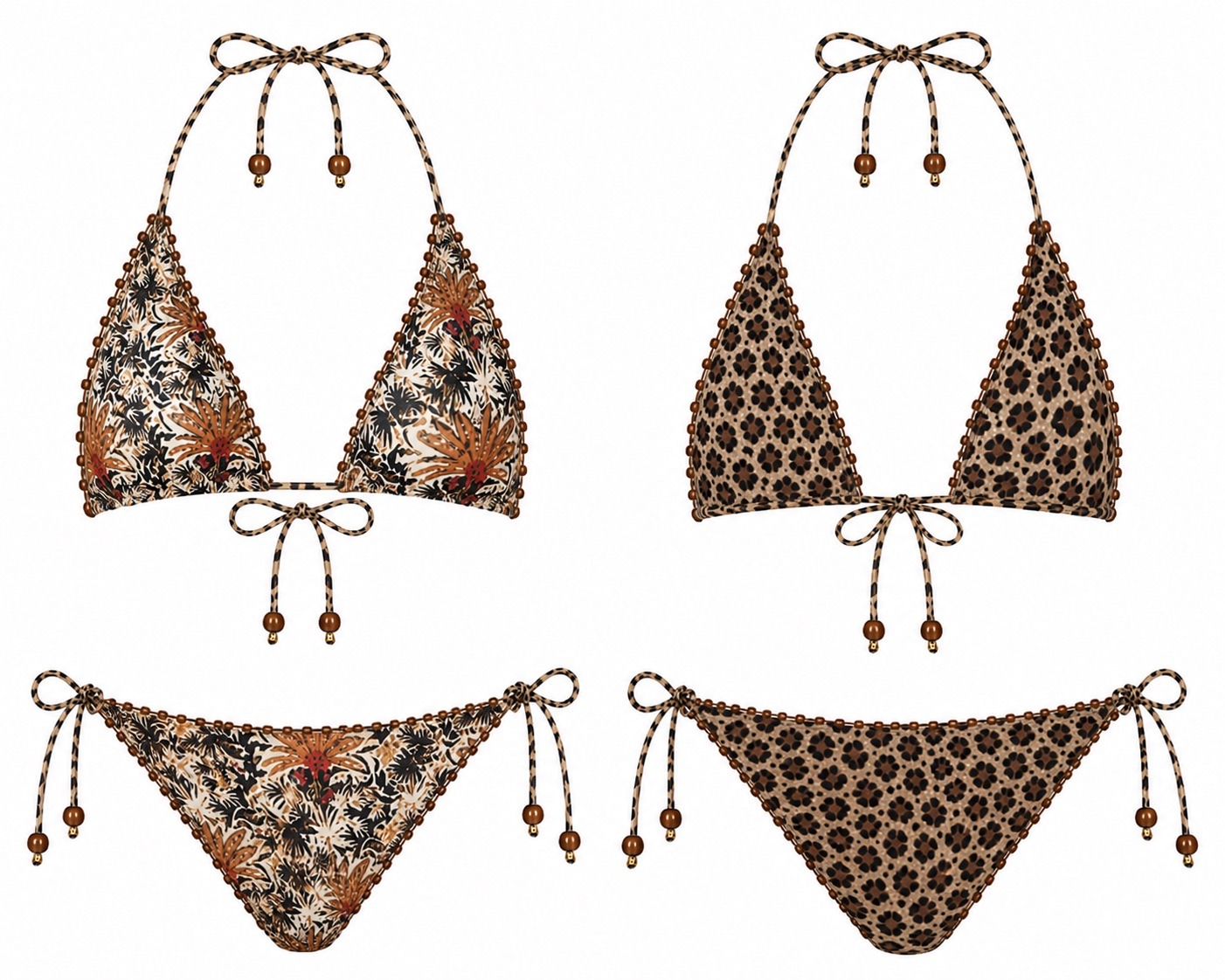 Two-piece bikini set with leopard and floral prints, featuring string ties at neck and hips and beaded accents on the strings.