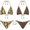 Set of four bikini pieces: two triangle tops (tropical palm print left, leopard print right) and two string bottoms (tropical palm left, leopard right) with beaded ties.