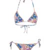 Blue floral triangle bikini top and matching tie-side bottoms with pink/beige flowers and fringe trim.