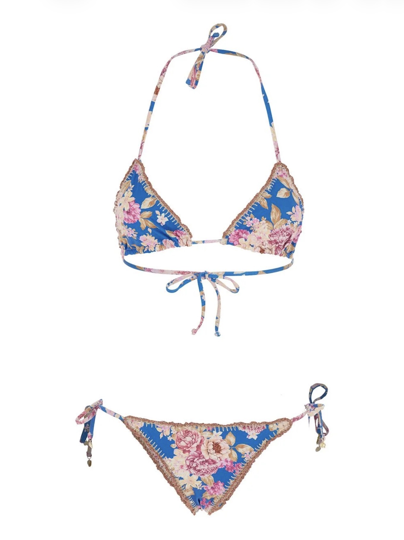 Blue floral triangle bikini top and matching tie-side bottoms with pink/beige flowers and fringe trim.