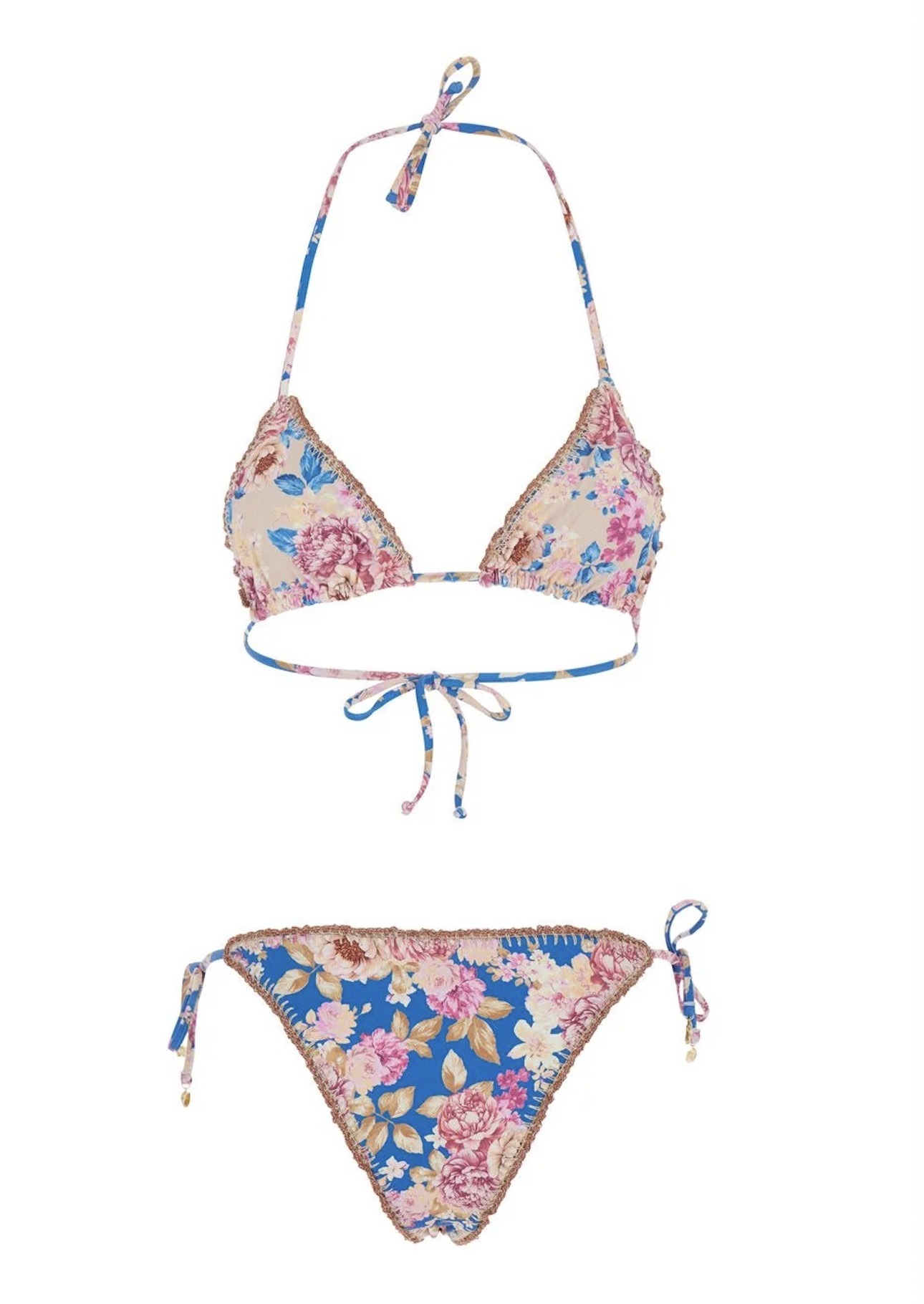 Floral bikini set with pink and blue flowers, triangle top and tie-side bottoms.