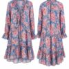 Blue floral print long-sleeve dress with pink flowers and tiered ruffle hem, shown front and back.