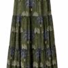 Long olive-green maxi skirt with tiered ruffles and tropical fan/palm print in blue and beige.