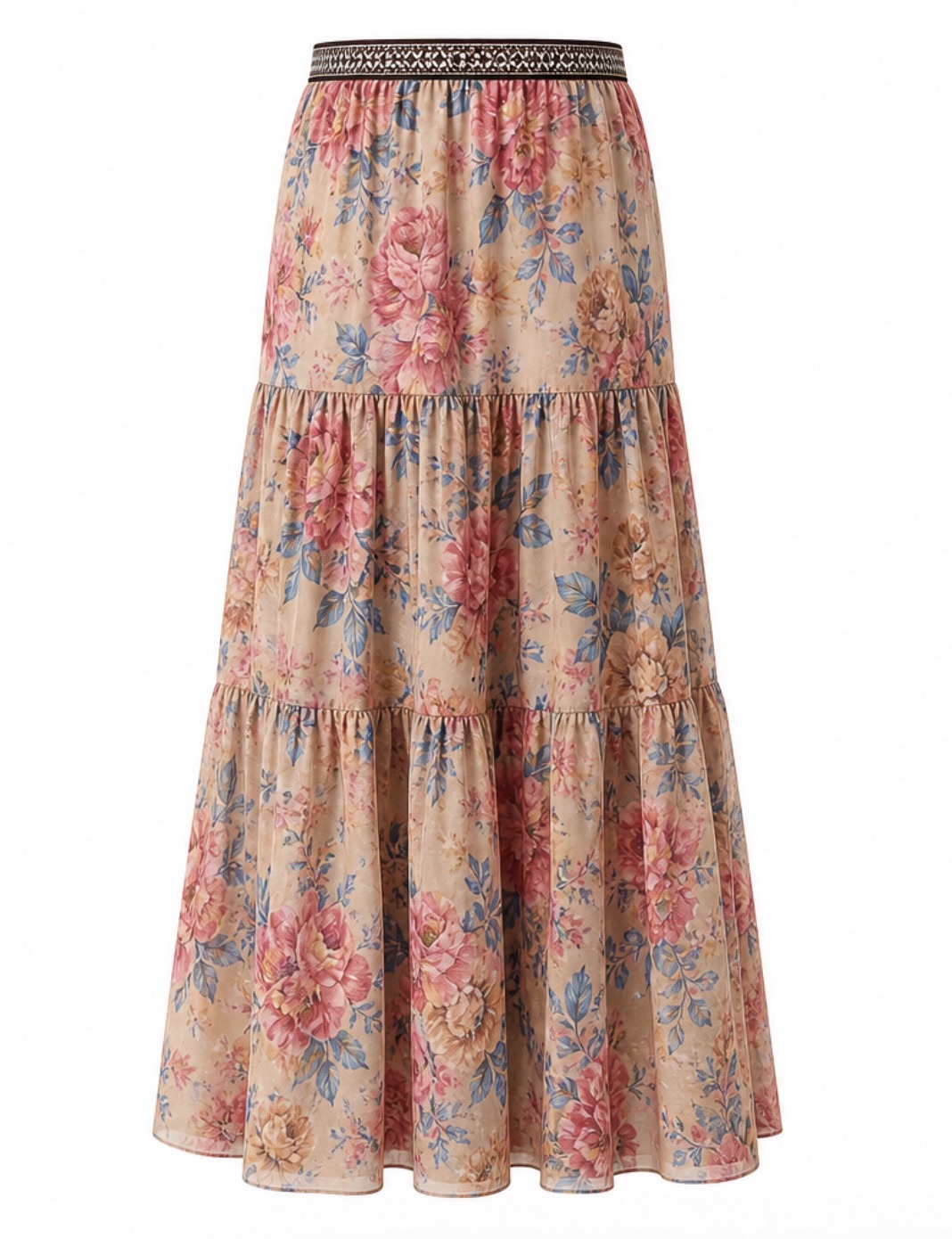 Floral maxi skirt with pink, peach, and blue flowers and tiered ruffles against a beige background.