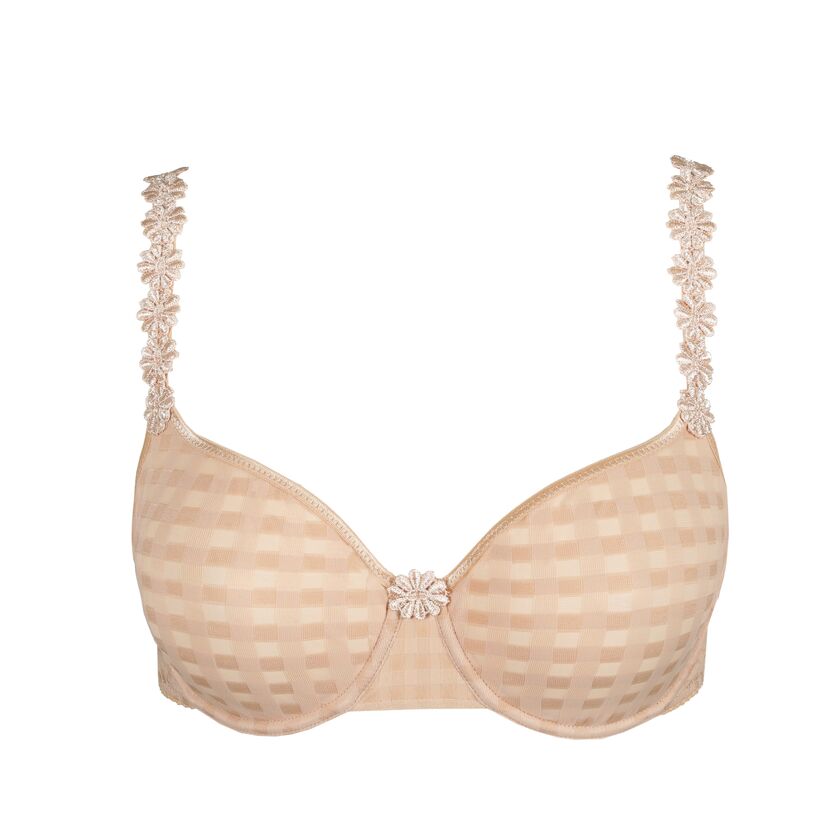 Beige padded bra with a checker pattern, floral-embellished straps, and a central flower ornament.