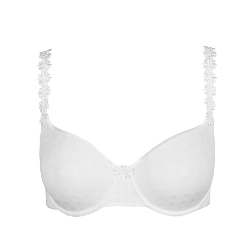 White padded underwire bra with textured check pattern and floral appliqué on the straps and center gore edge.