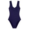 Navy blue one‑piece swimsuit with a deep V neckline and wide straps, full front view