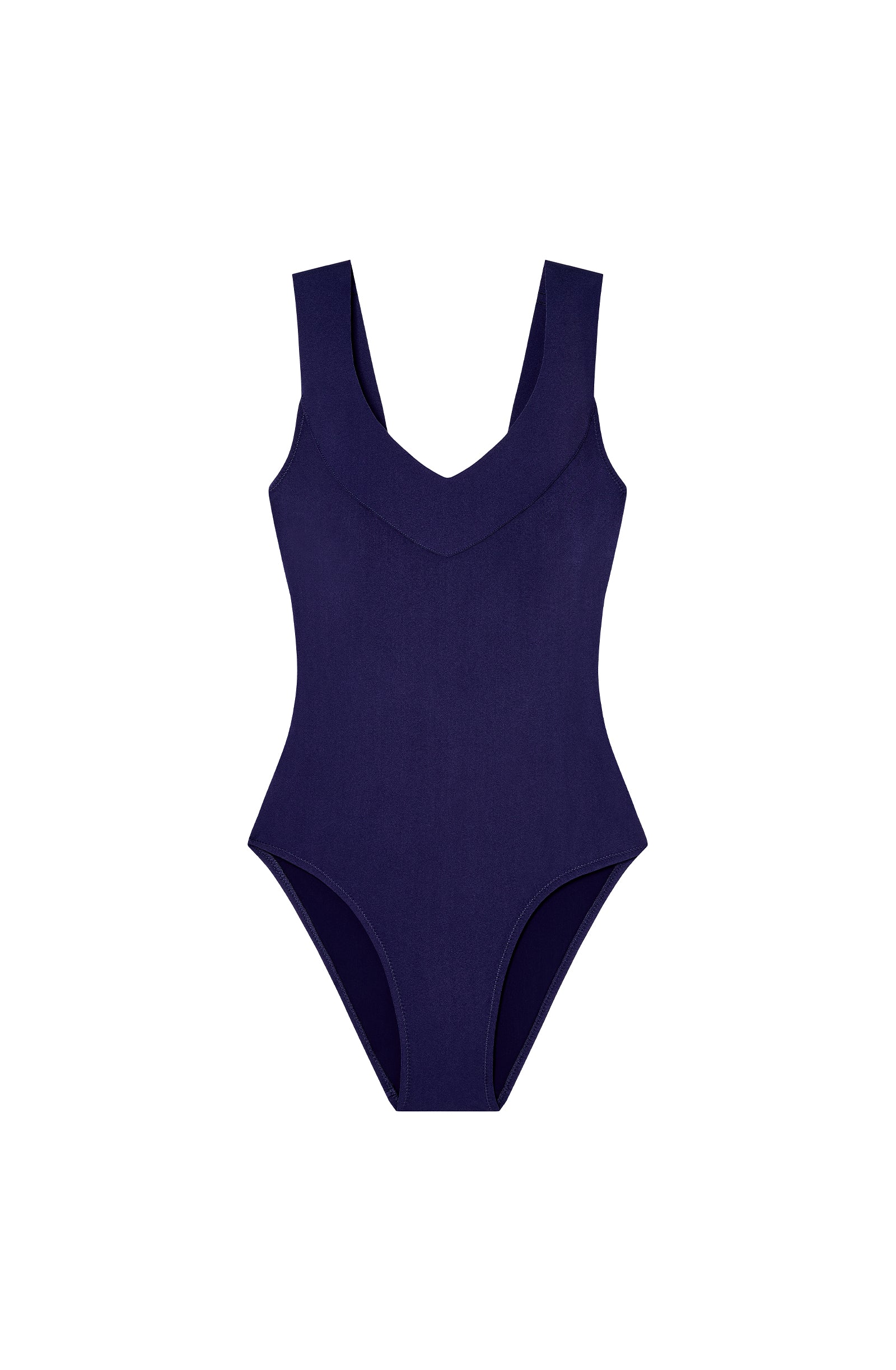 Navy blue one‑piece swimsuit with a deep V neckline and wide straps, full front view