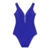 Electric blue one-piece swimsuit with a deep V neckline and gold button accents along the front.