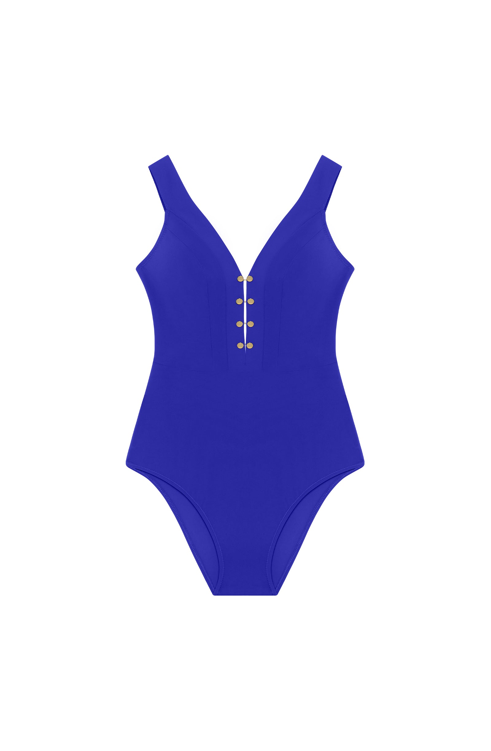 Electric blue one-piece swimsuit with a deep V neckline and gold button accents along the front.