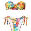 Colorful tie-dye bikini set with a strapless bandeau top and matching side-tie bottoms on a white background.