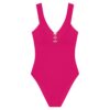 Hot pink one-piece swimsuit with wide shoulder straps and small front buttons
