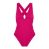 Bright pink one-piece swimsuit with crisscross back straps on white background