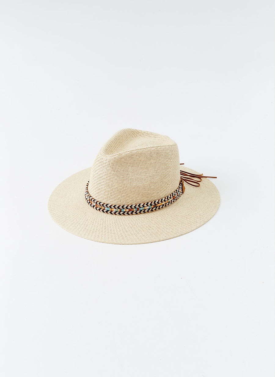 Beige straw sun hat with a multi-colored braided band on a white background.