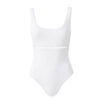 White one-piece swimsuit with a scoop neckline and a crochet waist band detail over the midsection.